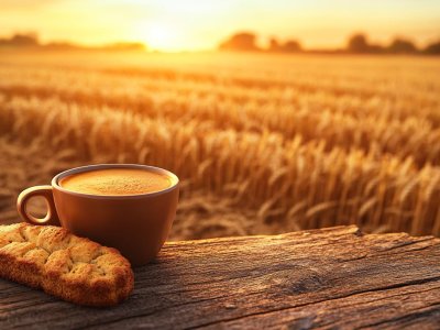 sunset coffee and biscuit, rustic countryside morning drink