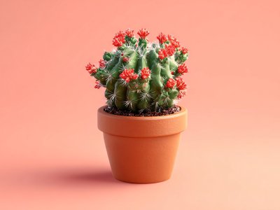 beautiful cactus with red flowers in a pot on a pastel background