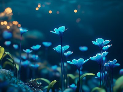 glowing blue flowers in magical underwater environment