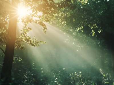 sunlight beams shining through forest trees with green leaves