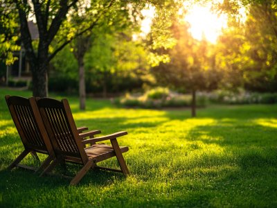 peaceful garden with two chairs in the sunlight