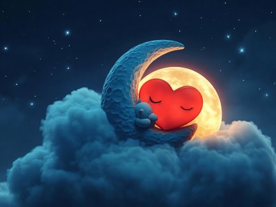 cute teddy bear and heart on crescent moon under the stars