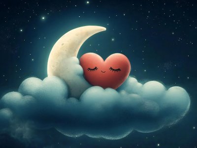 cute heart and moon sleeping on clouds under the stars