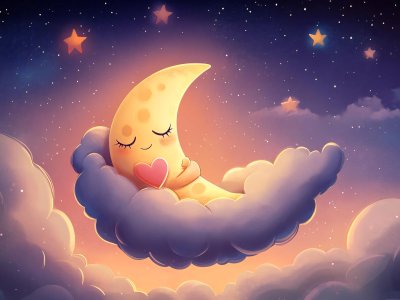 cute moon with heart resting on cloud under the stars