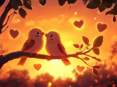 two lovebirds on a branch surrounded by heart shapes at sunset