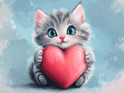 cute kitten holding heart for valentine's day