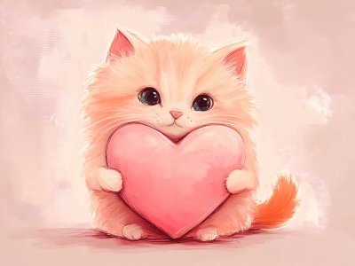 fluffy kitten holding heart for valentine's day