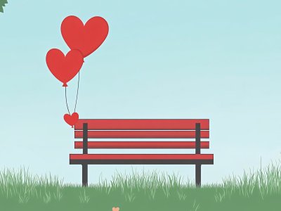 romantic park bench with heart-shaped balloons for valentine's day