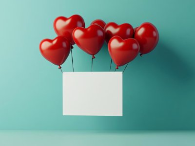 red heart-shaped balloons with blank space for valentine’s day greeting