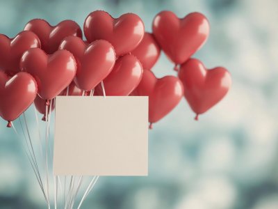 heart-shaped balloons with empty space for valentine’s day message