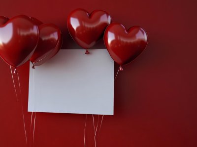red heart-shaped balloons with blank space for valentine’s day greeting