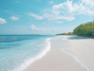 peaceful beach with clear turquoise water and white sandy shore