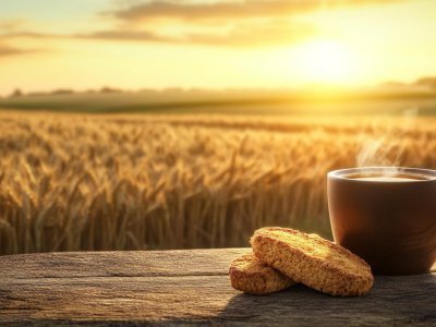 morning coffee with biscuits and sunrise stock image royalty free