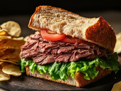 roast beef sandwich with lettuce and tomato chips stock photo royalty free