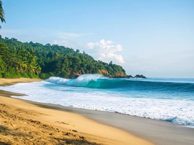 tropical beach with crashing wave and clear blue ocean