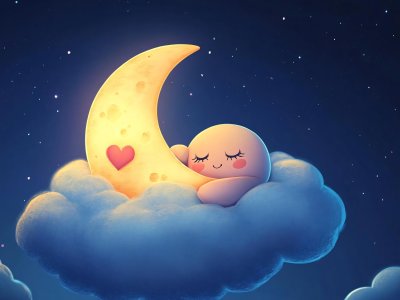 cute sleeping character on moon with stars and clouds illustration