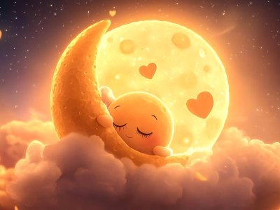 cute sleeping character on moon with big moon and hearts in the sky