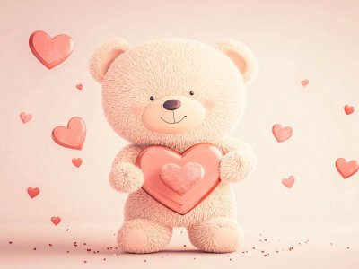 cute teddy bear holding heart with love hearts in the air