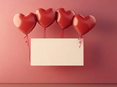 heart-shaped balloons with blank sign for text on pink background